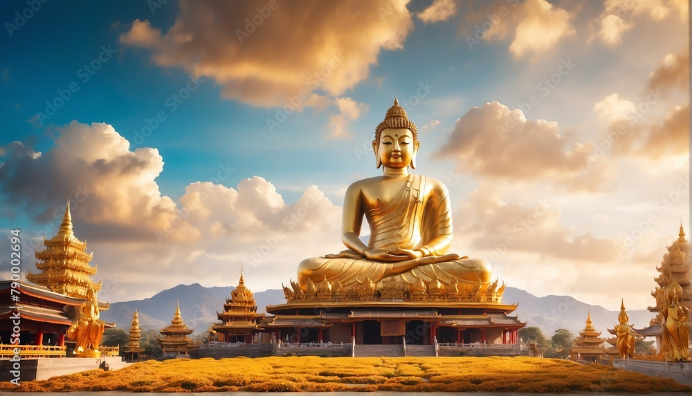 Wall mural magical temple landscape with giant gold buddha statue from generative ai