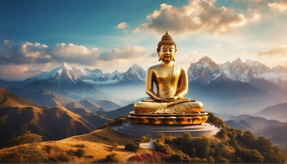 magical mountain top landscape with giant gold buddha statue from Generative AI - obrazy, fototapety, plakaty