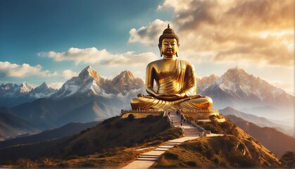 magical mountain top landscape with giant gold buddha statue from Generative AI - obrazy, fototapety, plakaty