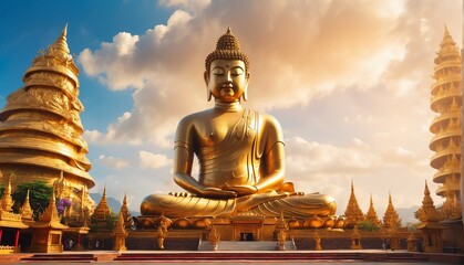 magical temple landscape with giant gold buddha statue from Generative AI - obrazy, fototapety, plakaty