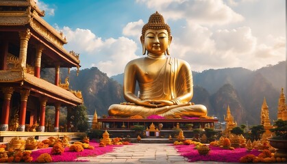 magical temple landscape with giant gold buddha statue from Generative AI
