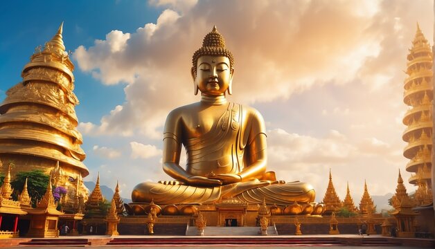 magical temple landscape with giant gold buddha statue from Generative AI