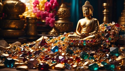 pile of gemstones with giant gold buddha statue from Generative AI