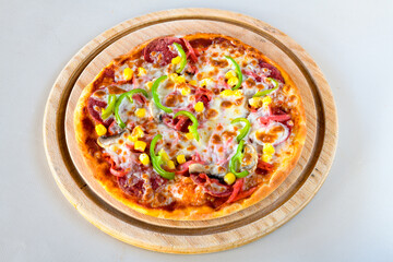 Delicious mixed pizza with rich content. Menu concept of choice and diversity. Pepperoni, Formaggi, Veggie, Karisik pizza