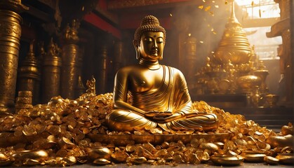 pile of gold with giant gold buddha statue from Generative AI