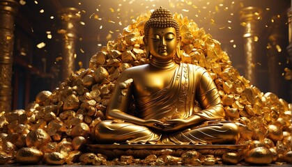 pile of gold with giant gold buddha statue from Generative AI