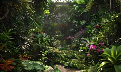 Fototapeta na wymiar Craft a mesmerizing digital rendering of a lush, exquisite plant sanctuary from a high-angle view, showcasing intricate details and vibrant colors