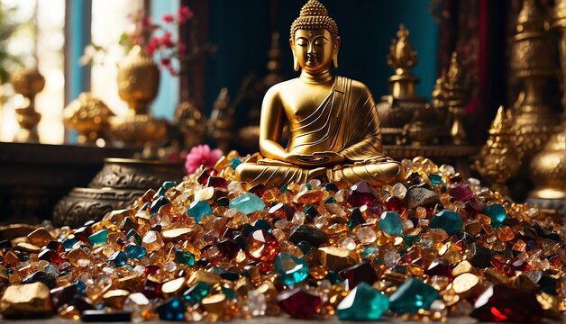 pile of gemstones with giant gold buddha statue from Generative AI