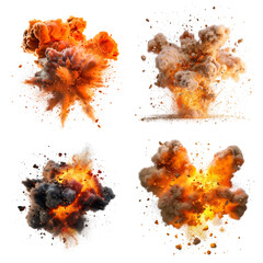 Set of explosions and fire spread isolated on transparent background.