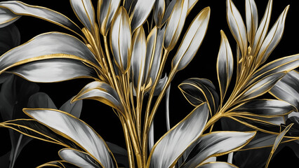 Golden palm leaves on white and black marble background, template, postcard - Vector illustration
