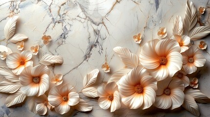 Ornate Magnolia Relief on Textured Marble Wall Art - obrazy, fototapety, plakaty