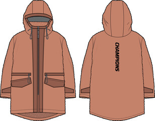 Hoodie fleece jacket design flat sketch Illustration, Hooded sweatshirt jacket with front and back view, hooded winter jacket for Men and women. for training, skiing, Running and workout in winter © JERZEY DESINZ