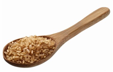 Tokyo brown rice on a wooden spoon isolated on a white background.