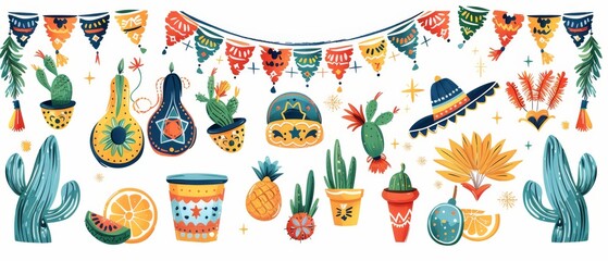 Festival party decoration. Mexican fiesta set. Cinco de mayo illustration. Cinco de mayo fiesta. Cinco de mayo bunting flags. Mexican bunting flags.
