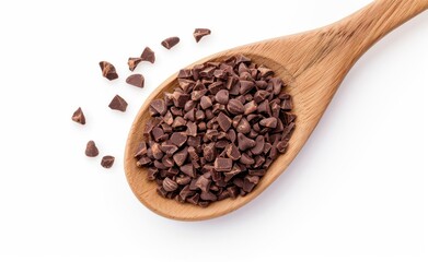 Obraz premium Cacao photo of chocolate Dark brown granules on wooden spoon isolated white background.