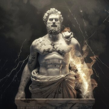 ancient greek marble statue of man, fire bursting out from his chest, standin on podium, camera looking up