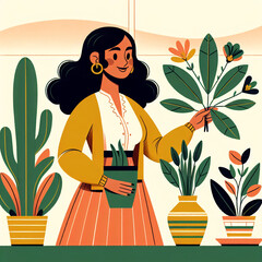 Playful Illustration of Happy Woman Watering Indoor Garden Plants