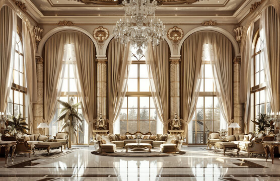 A large living room with golden decoration, featuring elegant sofas and chairs, marble floors, gold curtains, crystal chandeliers hanging from the ceiling, large windows with white drapes