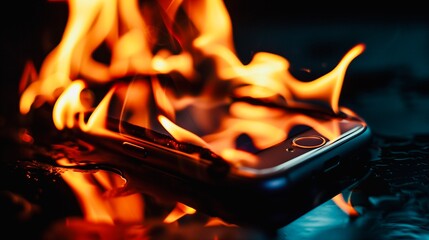 Dynamic cybersecurity cyber attack crime concept metaphor smart phone on fire burning on dark backgrounds 