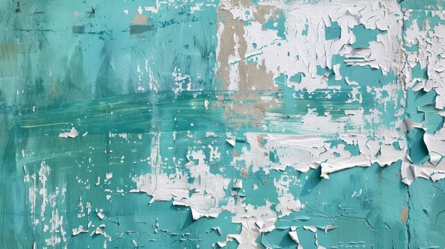 Aged Turquoise Paint Peeling on Brick Wall