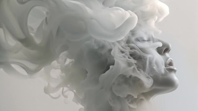 Fashion surreal Concept. Closeup portrait of girl emerged dissolve in dark grey white swirling smoke clouds fog. wallpaper banner clip mov 4K HD motion	
