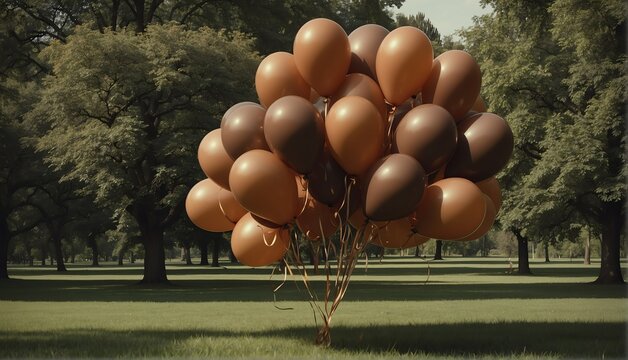 brown balloons on park with giant gold buddha statue from Generative AI