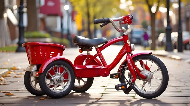 A shiny red tricycle parked on the sidewalk, waiting for an adventurous child to hop on and explore their surroundings

