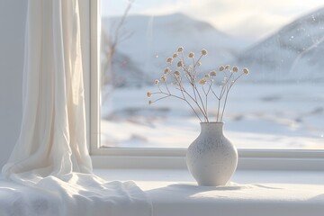 Elegant Vase with Dried Flowers by a Frosty Window