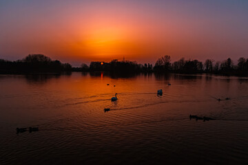 Sunset with reflections near Plattling, Isar, Deggendorf, Bavaria, Germany