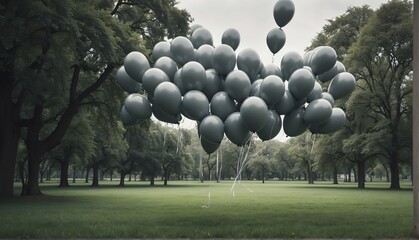 gray balloons on park with giant gold buddha statue from Generative AI