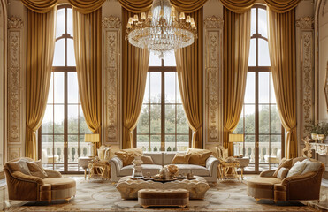 Obraz premium A large living room with golden decoration, featuring elegant sofas and chairs, marble floors, gold curtains, crystal chandeliers hanging from the ceiling, large windows with white drapes