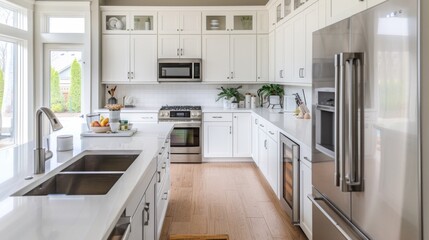 A large kitchen with white cabinets and a stainless steel sink. The sink is next to a large refrigerator and microwave. The kitchen is very clean and organized - obrazy, fototapety, plakaty