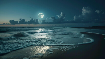 Nuit sur la plage avec une magnifique lune - obrazy, fototapety, plakaty