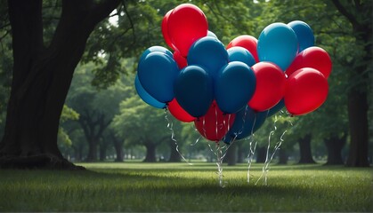 red and blue balloons on park with giant gold buddha statue from Generative AI
