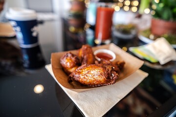 Food Tray of chicken wings with sauce on a napkin on a table