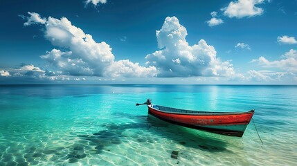 Boat in turquoise ocean water against blue sky with white clouds and tropical island. Natural landscape for summer vacation, panoramic view. copy space for text.