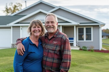 a happy suburban couple standing in front of a newer ranch model home with vinyl siding exterior.