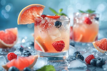 Refreshing Citrus Cocktail with Berries on Ice