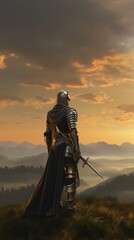A knight in a commercial, venturing through vapor to herald a new era, amidst brown, rolling hills, evening glow
