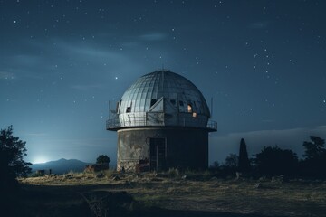 Abandoned observatory broadcasting phantom signals, night, wide shot, unsettling quiet
