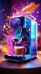 Coffee machine brewing glitter coffee, office kitchen, vibrant, action shot