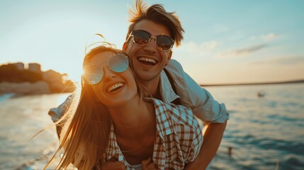 Couple in love, enjoying the summer time by the sea.Joyful girl piggybacking on young boyfriend having fun. copy space for text. - obrazy, fototapety, plakaty