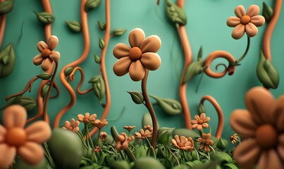 Craft a whimsical clay sculpture garden from a worms-eye view, featuring quirky, oversized blossoms and twisted vines Emphasize the tactile nature of the medium for a playful and engaging visual exper - obrazy, fototapety, plakaty