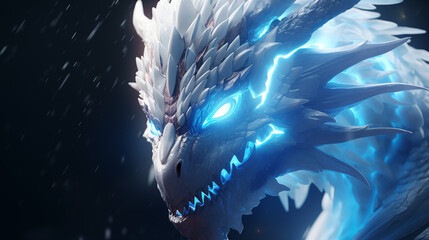 A blue dragon with glowing eyes is the main focus of the image