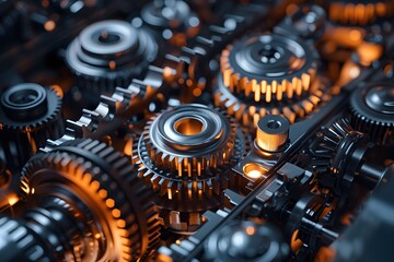 Fototapeta premium Macro Shot of Metallic Gears with Fine Details and Orange Accents