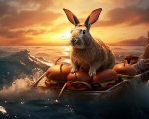 On their travels, pirates revolutionize the burger with domesticated rabbit meat, sunrise over the open ocean