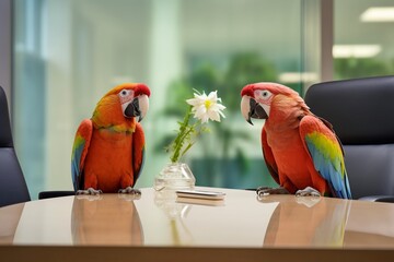 Office water cooler gossip with parrots, amusing scene, medium shot, soft focus