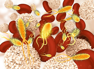 Virus bacteria with blood cells. 3d illustration..