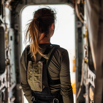 Woman waiting to jump out of a plane to do skydiving in military.