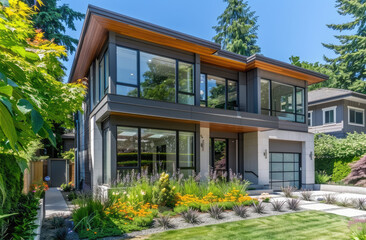 A modern, twostory home with large windows and glass doors in the city of Vancouver's Eastbased neighborhood, featuring an advertisement for luxury homes.